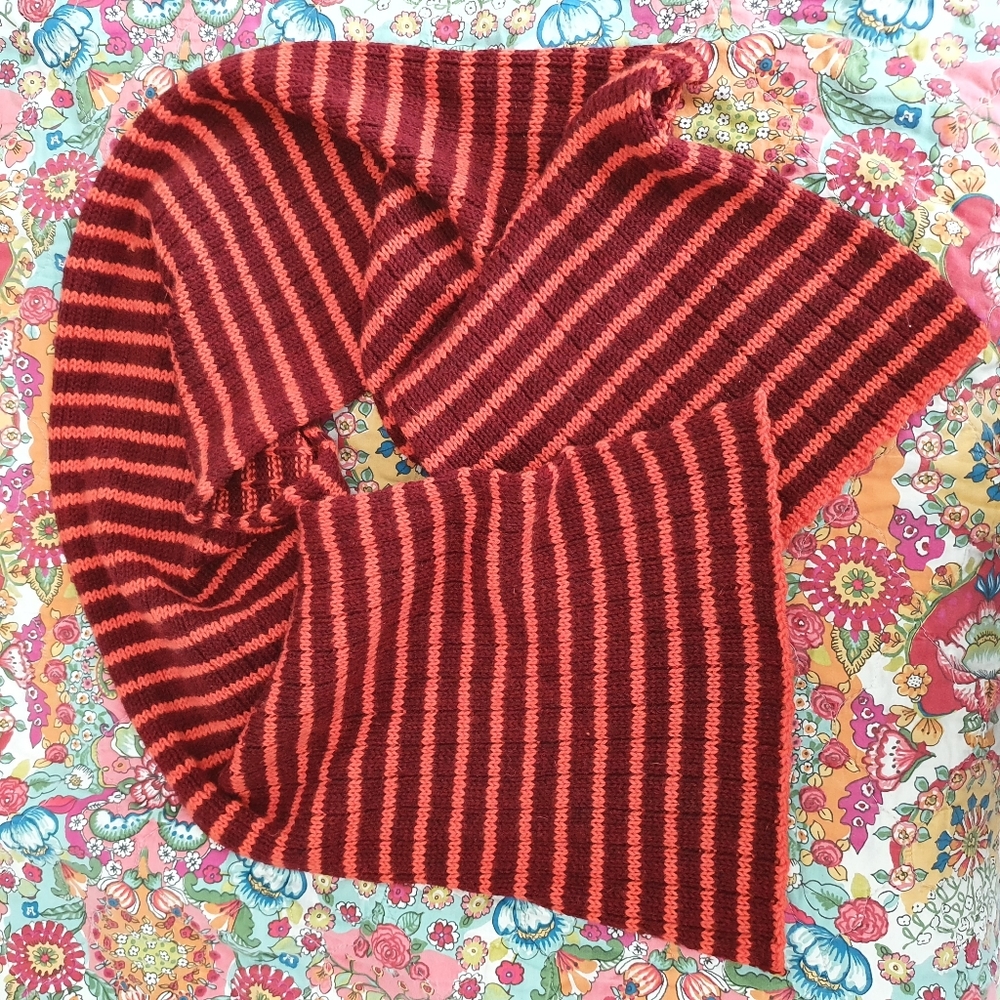 Hand knit maroon and orange striped scarf